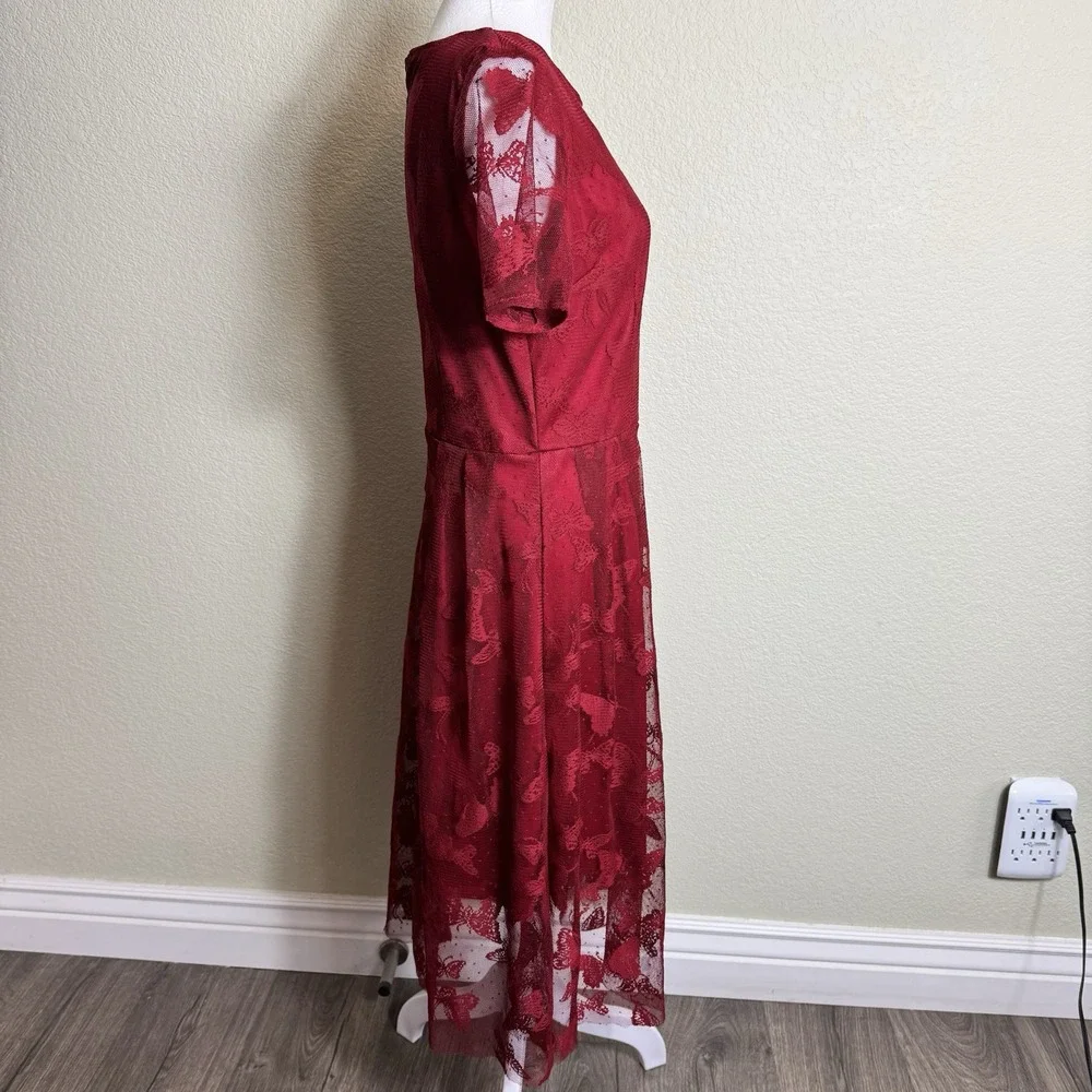 Shein Women's Dress Red Lace Lined Butterflies Short Sleeve Size L - Picture 3 of 8
